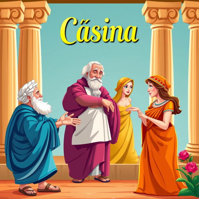 A vibrant and humorous theatrical poster for a Greco-Latin comedy titled 'Cásina'