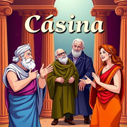 A vibrant and humorous theatrical poster for a Greco-Latin comedy titled 'Cásina'