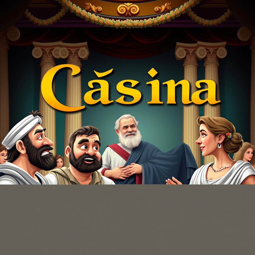 A comedic theater poster featuring the title 'Cásina' prominently displayed in an ornate, classical font