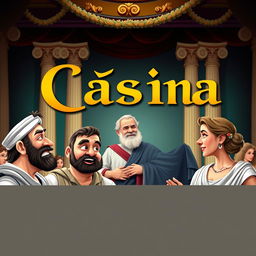 A comedic theater poster featuring the title 'Cásina' prominently displayed in an ornate, classical font