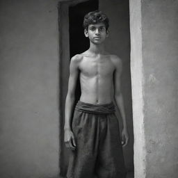 The young Indian teenage boy, now shirtless, draped in a simple, monochrome lungi, displaying his youthful vigour and strength.
