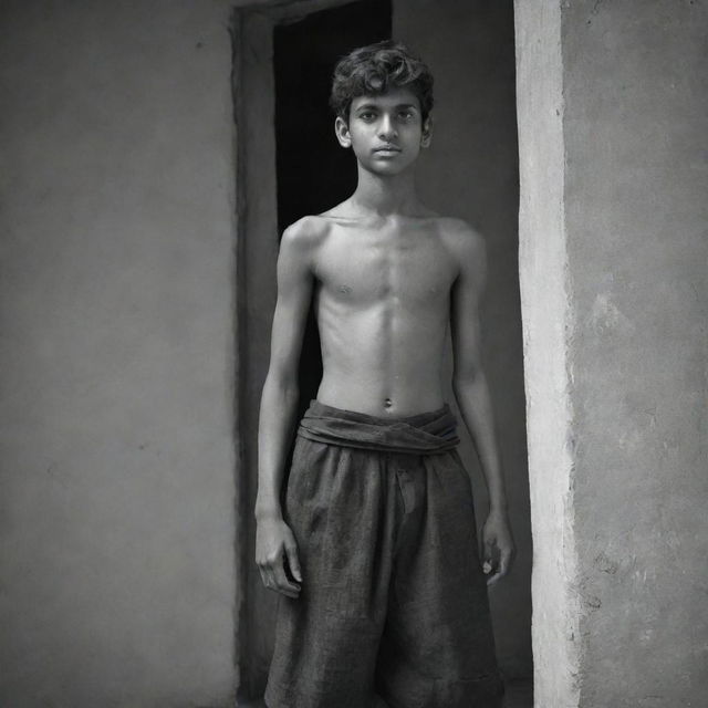The young Indian teenage boy, now shirtless, draped in a simple, monochrome lungi, displaying his youthful vigour and strength.