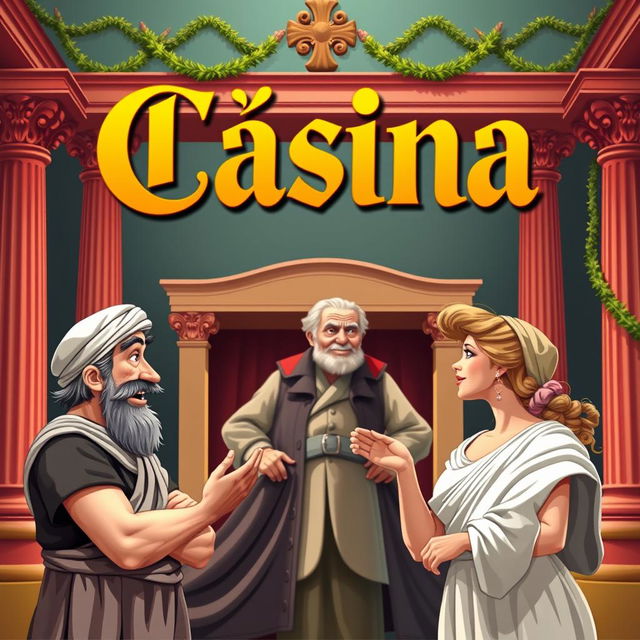 A comedic theater poster featuring the title 'Cásina' prominently displayed in an ornate, classical font