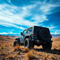 A dramatic scene featuring a powerful LANDING jeep in Kazakhstan, situated in a vast, picturesque landscape with rolling hills and a dynamic sky