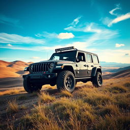 A dramatic scene featuring a powerful LANDING jeep in Kazakhstan, situated in a vast, picturesque landscape with rolling hills and a dynamic sky