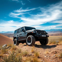 A dramatic scene featuring a powerful LANDING jeep in Kazakhstan, situated in a vast, picturesque landscape with rolling hills and a dynamic sky