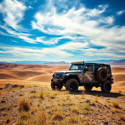 A dramatic scene featuring a powerful LANDING jeep in Kazakhstan, situated in a vast, picturesque landscape with rolling hills and a dynamic sky