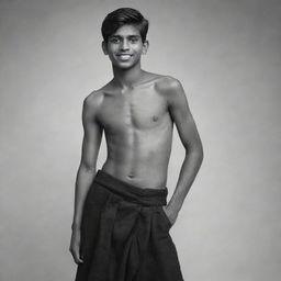 The young Indian teenage boy, now shirtless, draped in a simple, monochrome lungi, displaying his youthful vigour and strength.