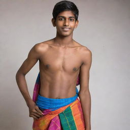 Transform the image of the young Indian teenage boy to be in colour. He is shirtless, draped in a colorful lungi, radiantly embodying youthful energy.