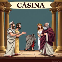 A comical Greek-Latin theater poster featuring the title 'Cásina' prominently displayed