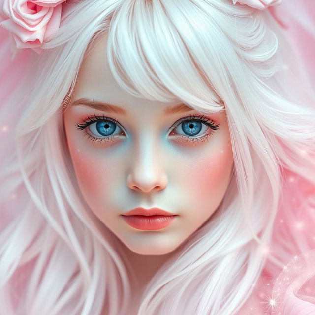 A beautiful white-haired girl with striking blue eyes and soft pink makeup, embodying the essence of pink magic