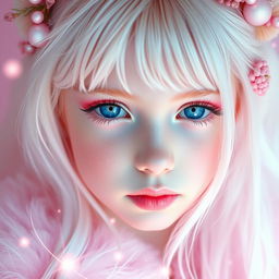 A beautiful white-haired girl with striking blue eyes and soft pink makeup, embodying the essence of pink magic