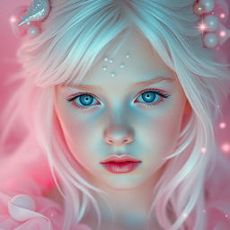 A beautiful white-haired girl with striking blue eyes and soft pink makeup, embodying the essence of pink magic