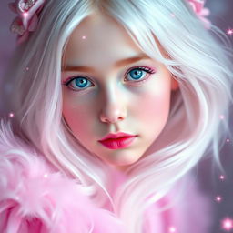 A beautiful white-haired girl with striking blue eyes and soft pink makeup, embodying the essence of pink magic