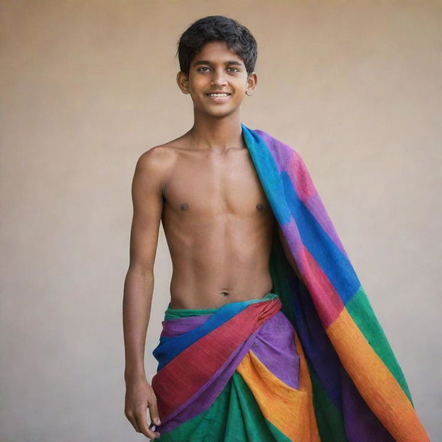 Transform the image of the young Indian teenage boy to be in colour. He is shirtless, draped in a colorful lungi, radiantly embodying youthful energy.
