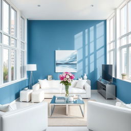 A beautifully designed interior space with walls in a calming blue tone, contrasting with sleek white furniture