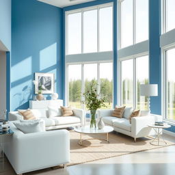 A beautifully designed interior space with walls in a calming blue tone, contrasting with sleek white furniture
