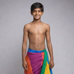 Transform the image of the young Indian teenage boy to be in colour. He is shirtless, draped in a colorful lungi, radiantly embodying youthful energy.