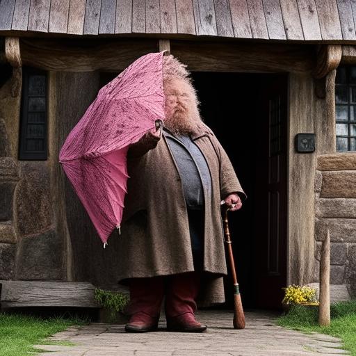 Rubeus Hagrid, a giant of a man with wild, tangled hair and a rugged beard, wearing a large moleskin coat, holding the pink umbrella that conceals his wand, standing aside his beloved pet, Norbert the dragon, in front of Hagrid's hut.