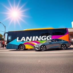 A scene featuring a large LANDING bus and an elegant car parked next to it, both shining under a bright sun