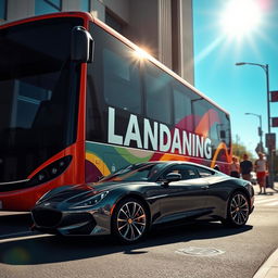 A scene featuring a large LANDING bus and an elegant car parked next to it, both shining under a bright sun