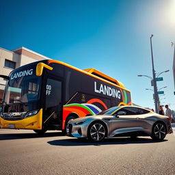 A scene featuring a large LANDING bus and an elegant car parked next to it, both shining under a bright sun