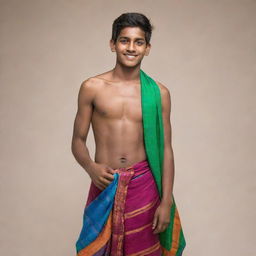 Transform the image of the young Indian teenage boy to be in colour. He is shirtless, draped in a colorful lungi, radiantly embodying youthful energy.