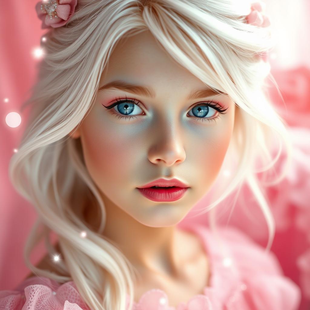 A white-haired girl with striking blue eyes, wearing soft pink makeup, exuding an aura of elegance and enchantment