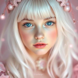 A white-haired girl with striking blue eyes, wearing soft pink makeup, exuding an aura of elegance and enchantment