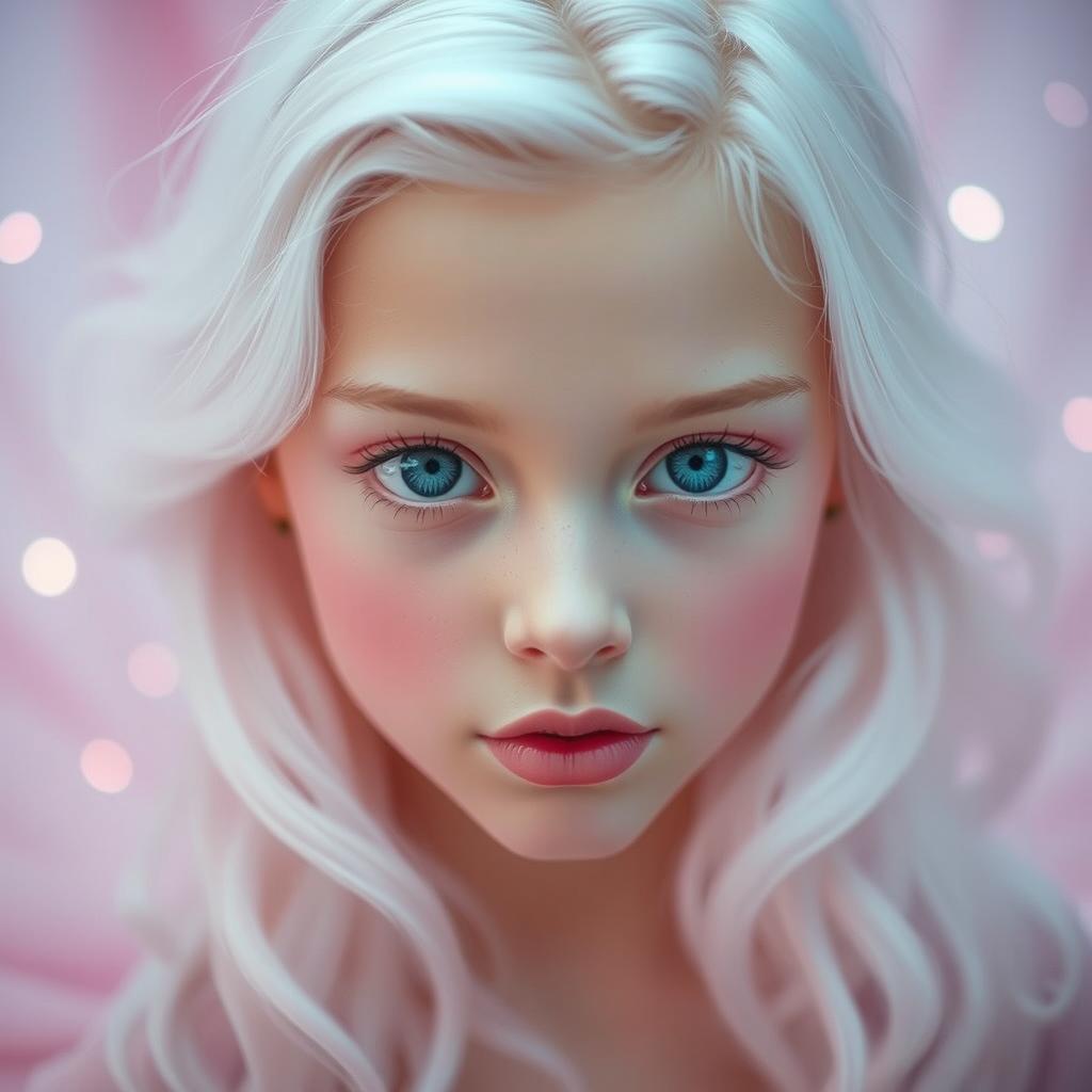 A white-haired girl with striking blue eyes, wearing soft pink makeup, exuding an aura of elegance and enchantment