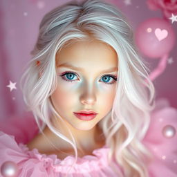 A white-haired girl with striking blue eyes, wearing soft pink makeup, exuding an aura of elegance and enchantment