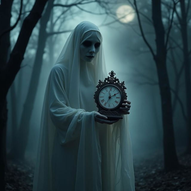 A hauntingly beautiful ghost emerges from the shadows, surrounded by an ethereal glow