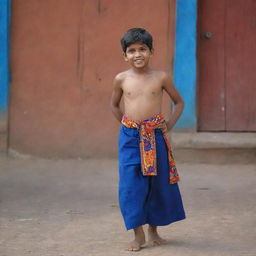 The young Indian boy is now dressed in a deep, rich blue lungi that contrasts with his colourful surroundings, highlighting his youthful energy and strength.