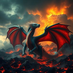 A majestic dragon emerging from the fiery depths of a volcanic landscape, its scales shimmering in shades of deep emerald and ruby red