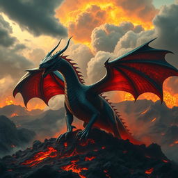 A majestic dragon emerging from the fiery depths of a volcanic landscape, its scales shimmering in shades of deep emerald and ruby red