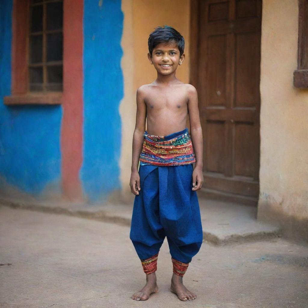 The young Indian boy is now dressed in a deep, rich blue lungi that contrasts with his colourful surroundings, highlighting his youthful energy and strength.