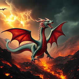 A majestic dragon emerging from the fiery depths of a volcanic landscape, its scales shimmering in shades of deep emerald and ruby red