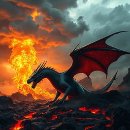 A majestic dragon emerging from the fiery depths of a volcanic landscape, its scales shimmering in shades of deep emerald and ruby red