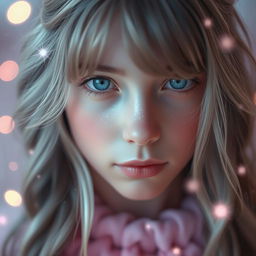 A gray-haired girl with captivating blue eyes, adorned with soft pink makeup that complements her features beautifully