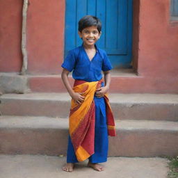 The young Indian boy is now dressed in a deep, rich blue lungi that contrasts with his colourful surroundings, highlighting his youthful energy and strength.