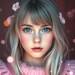 A gray-haired girl with captivating blue eyes, adorned with soft pink makeup that complements her features beautifully