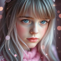 A gray-haired girl with captivating blue eyes, adorned with soft pink makeup that complements her features beautifully