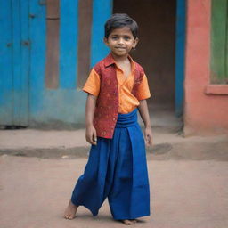 The young Indian boy is now dressed in a deep, rich blue lungi that contrasts with his colourful surroundings, highlighting his youthful energy and strength.