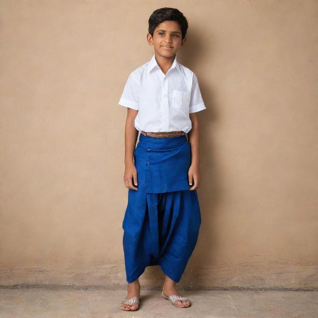 Transform the young Indian boy into a teenager. He's full of life and wearing a deep, rich blue lungi that stands out vibrantly against his surroundings.