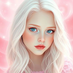 A captivating white-haired girl with enchanting blue eyes and delicate soft pink makeup, immersed in a world of soft pink magic