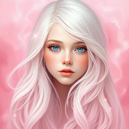 A captivating white-haired girl with enchanting blue eyes and delicate soft pink makeup, immersed in a world of soft pink magic