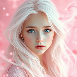 A captivating white-haired girl with enchanting blue eyes and delicate soft pink makeup, immersed in a world of soft pink magic