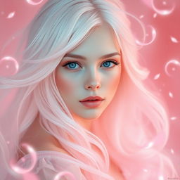 A captivating white-haired girl with enchanting blue eyes and delicate soft pink makeup, immersed in a world of soft pink magic