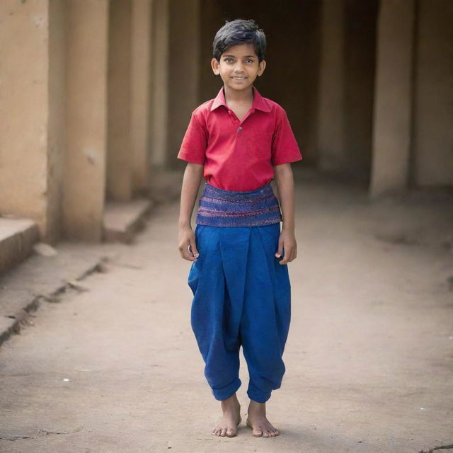 Transform the young Indian boy into a teenager. He's full of life and wearing a deep, rich blue lungi that stands out vibrantly against his surroundings.