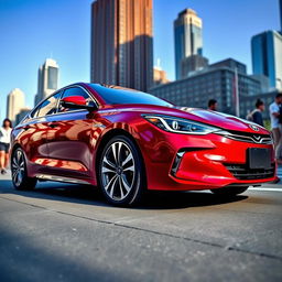 A beautiful KazAuto car showcased in an urban setting, featuring a sleek and modern design with a glossy red paint job, sporty alloy wheels, and futuristic LED headlights